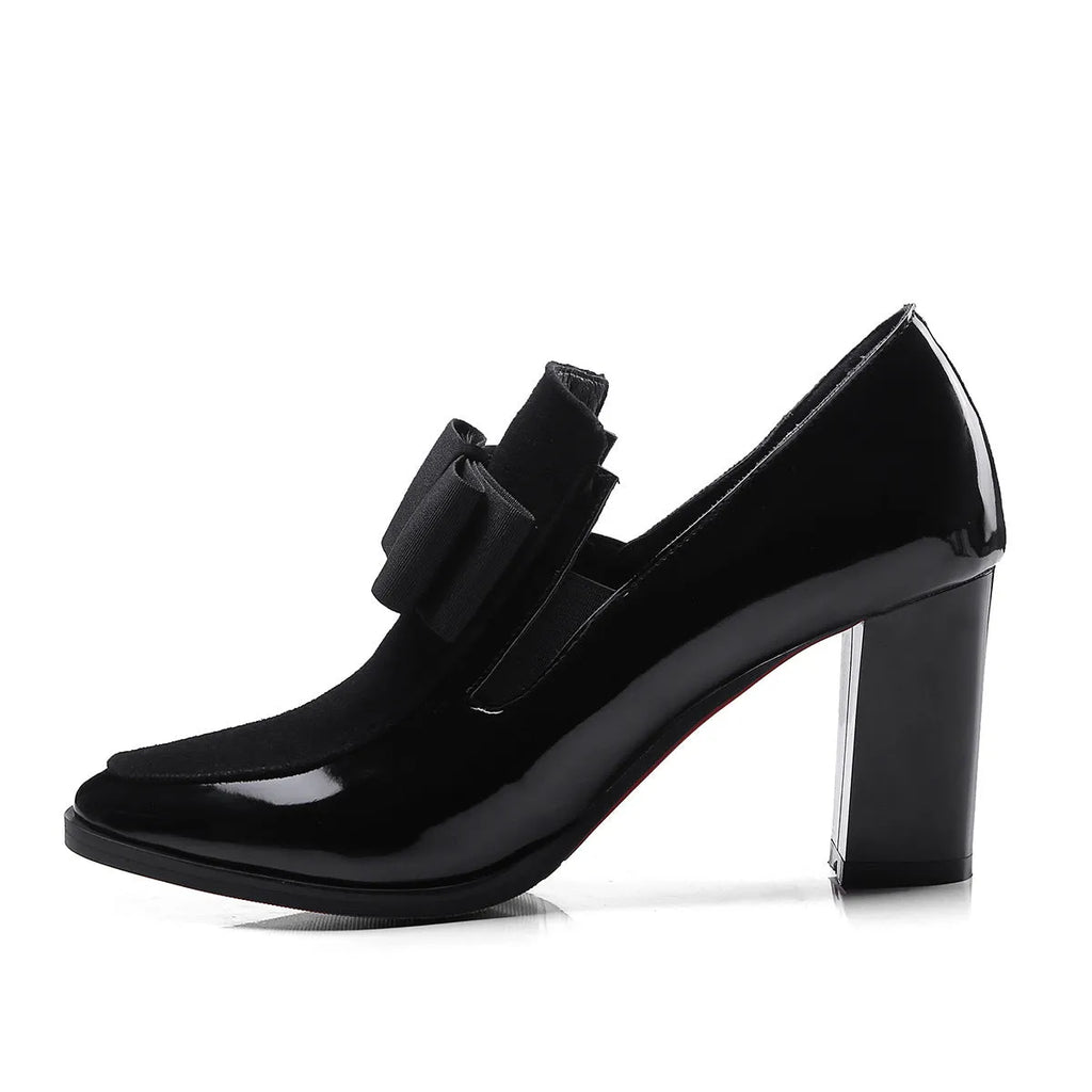 Women's black patent leather thick heel shoes with square toe and 8cm block heels