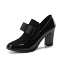 Women's black patent leather thick heel shoes with square toe and 8cm block heels