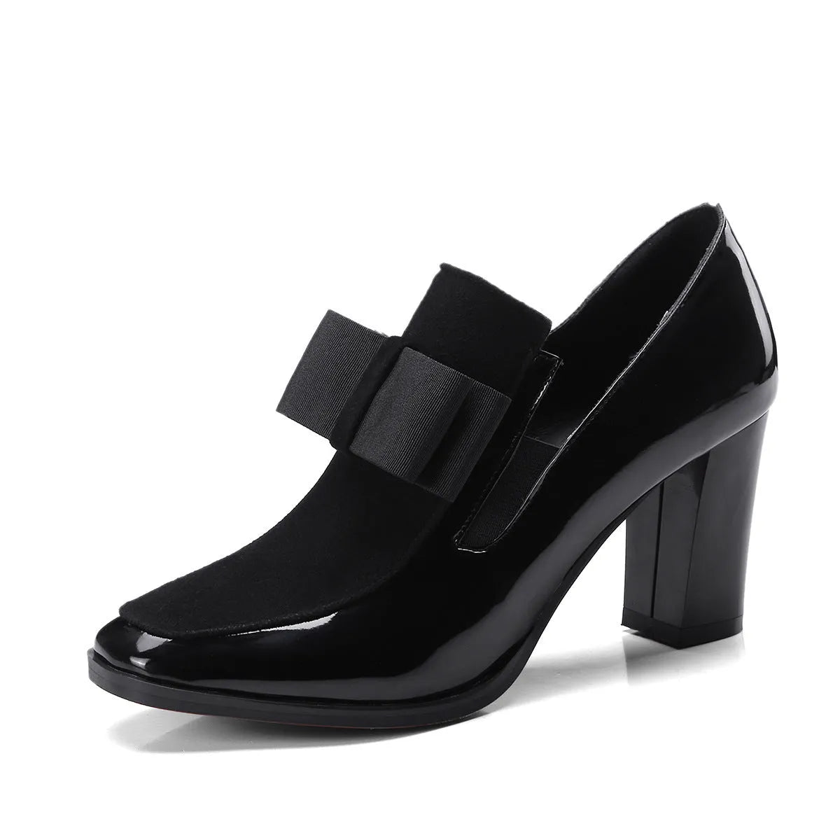 Women's black patent leather thick heel shoes with square toe and 8cm block heels