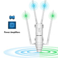 AC600 white outdoor dual-band wireless access point with detachable design showing 600 metre coverage range