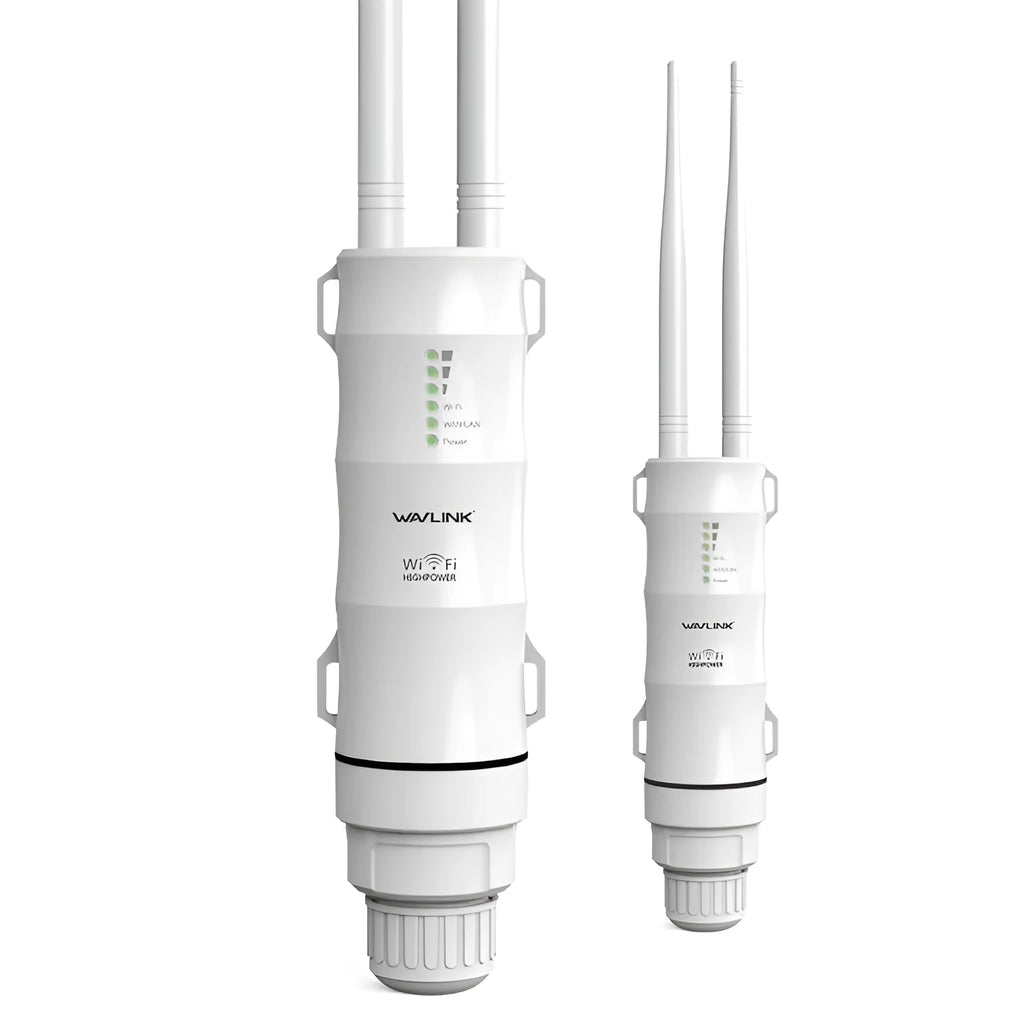 AC600 white outdoor dual-band wireless access point with detachable design showing 600 metre coverage range