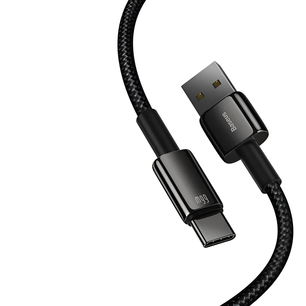 Baseus USB C to Type C fast charge cable in 1m or 2m length for 66W quick charging.