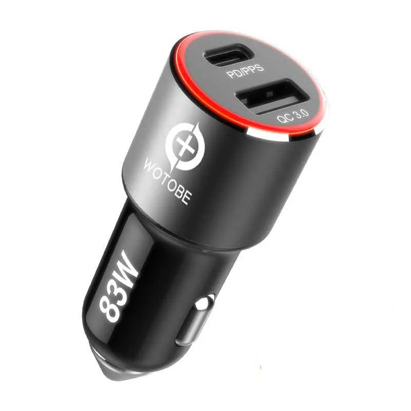 Dual-port 83W fast car charger for laptops and phones with USB C PD and QC3.0 ports on a black background.