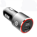 Dual-port 83W fast car charger for laptops and phones with USB C PD and QC3.0 ports on a black background.