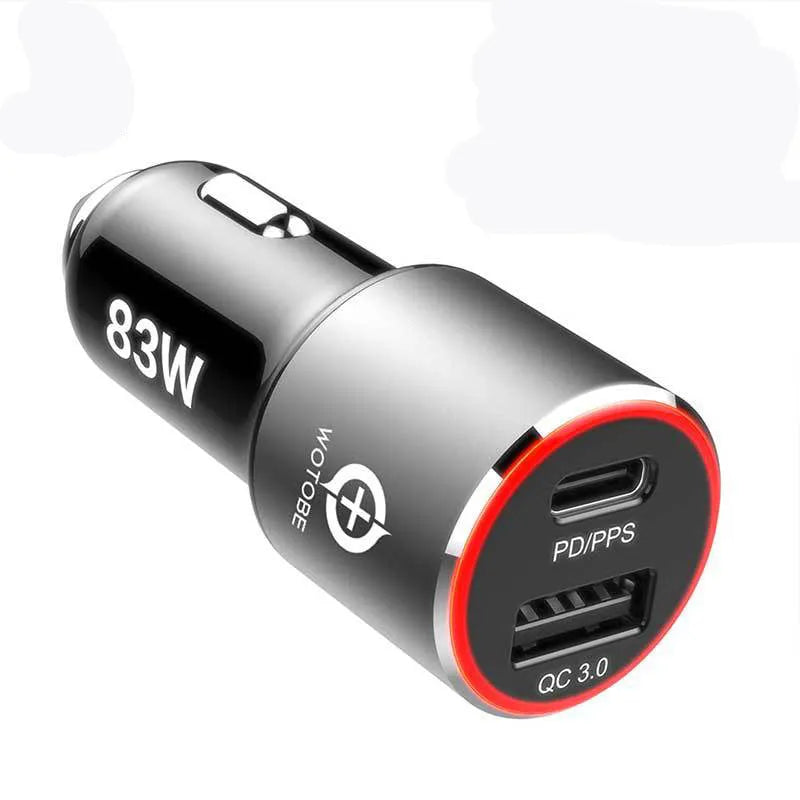 Dual-port 83W fast car charger for laptops and phones with USB C PD and QC3.0 ports on a black background.