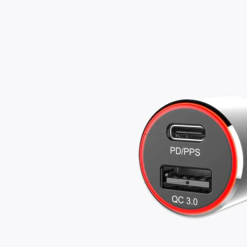Dual-port 83W fast car charger for laptops and phones with USB C PD and QC3.0 ports on a black background.
