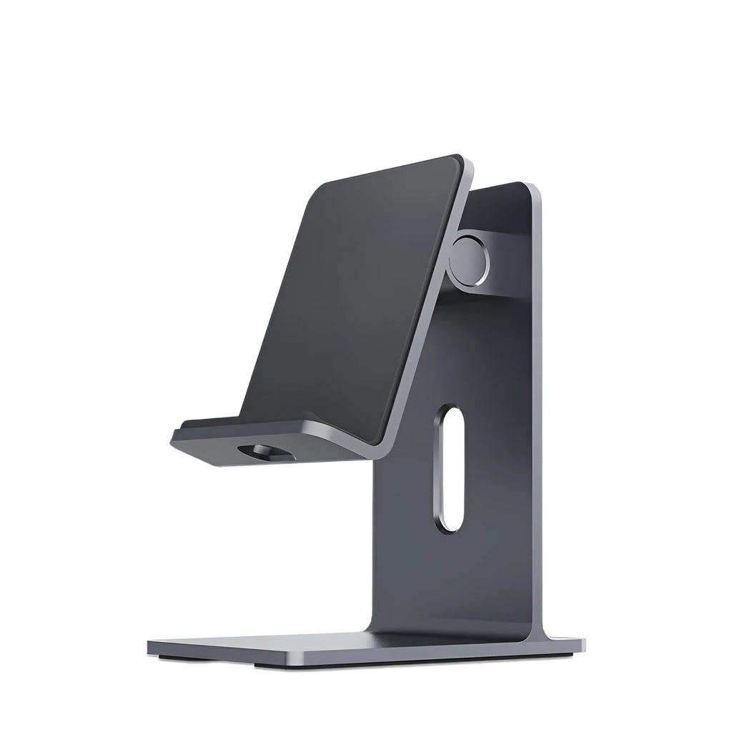 Dark Space Gray alloy desktop mobile phone and tablet holder on a wooden desk.