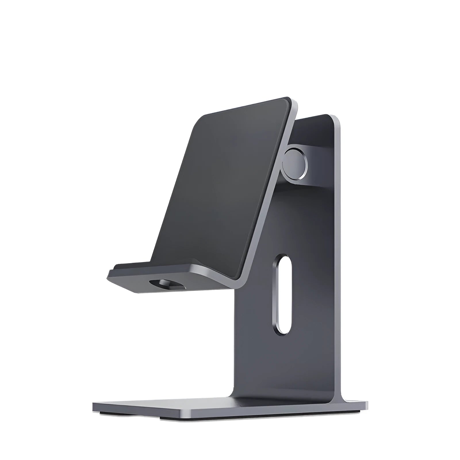Dark Space Gray alloy desktop mobile phone and tablet holder on a wooden desk.