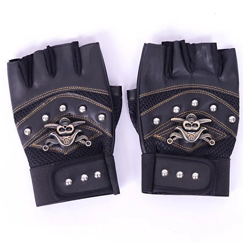 Half finger cycling gloves in red, blue, and black with imitation leather and non-slip palm, free size for men and women.