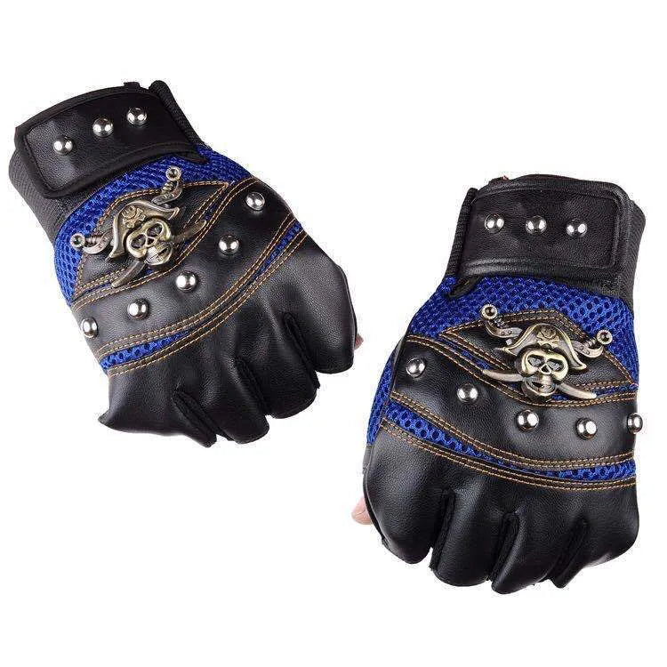 Half finger cycling gloves in red, blue, and black with imitation leather and non-slip palm, free size for men and women.