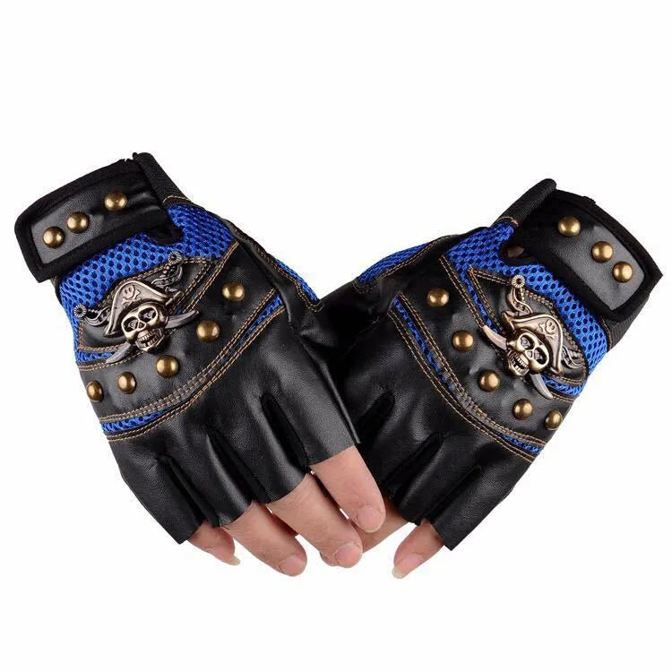 Half finger cycling gloves in red, blue, and black with imitation leather and non-slip palm, free size for men and women.