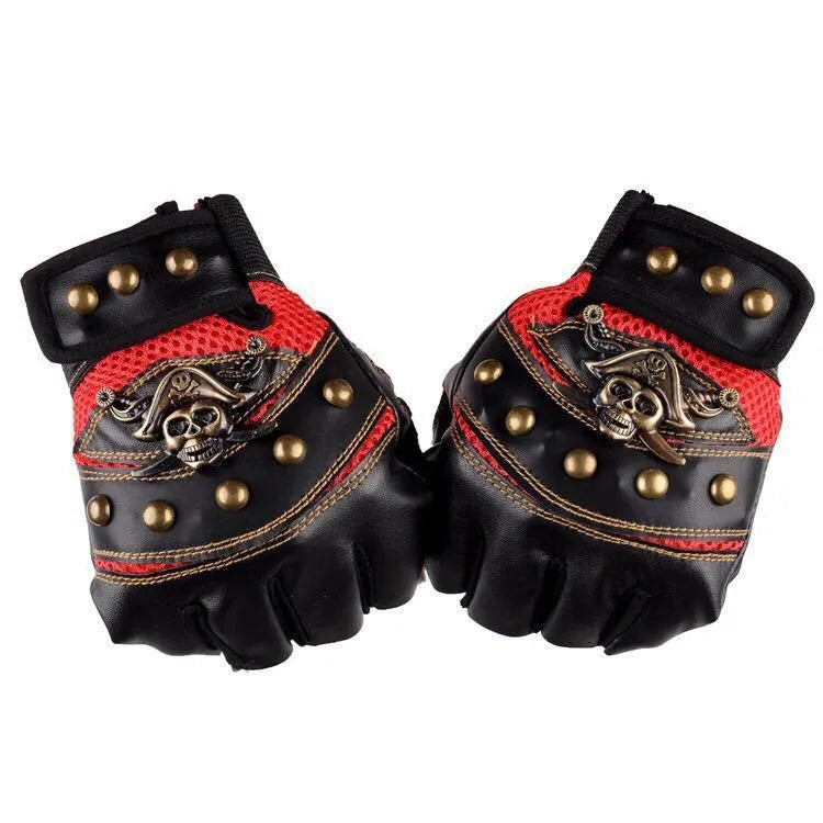 Half finger cycling gloves in red, blue, and black with imitation leather and non-slip palm, free size for men and women.