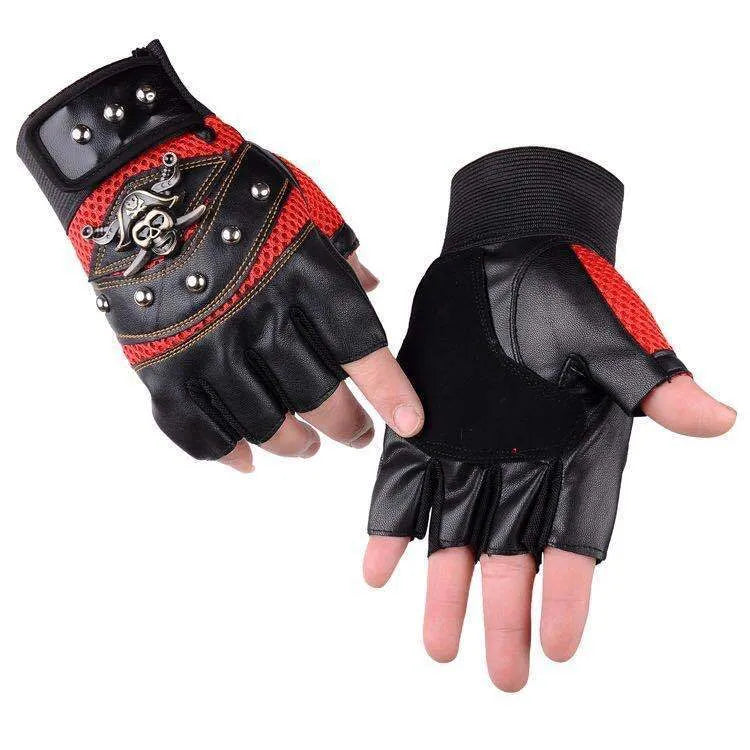 Half finger cycling gloves in red, blue, and black with imitation leather and non-slip palm, free size for men and women.
