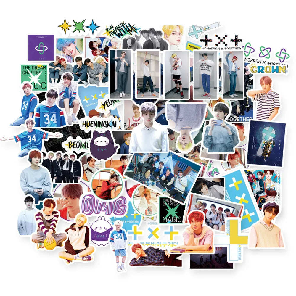 Star-shaped decorative stickers with K-pop band names Exo, Nct127, Stray Kids, Twice, Got7, Seventeen, Txt.