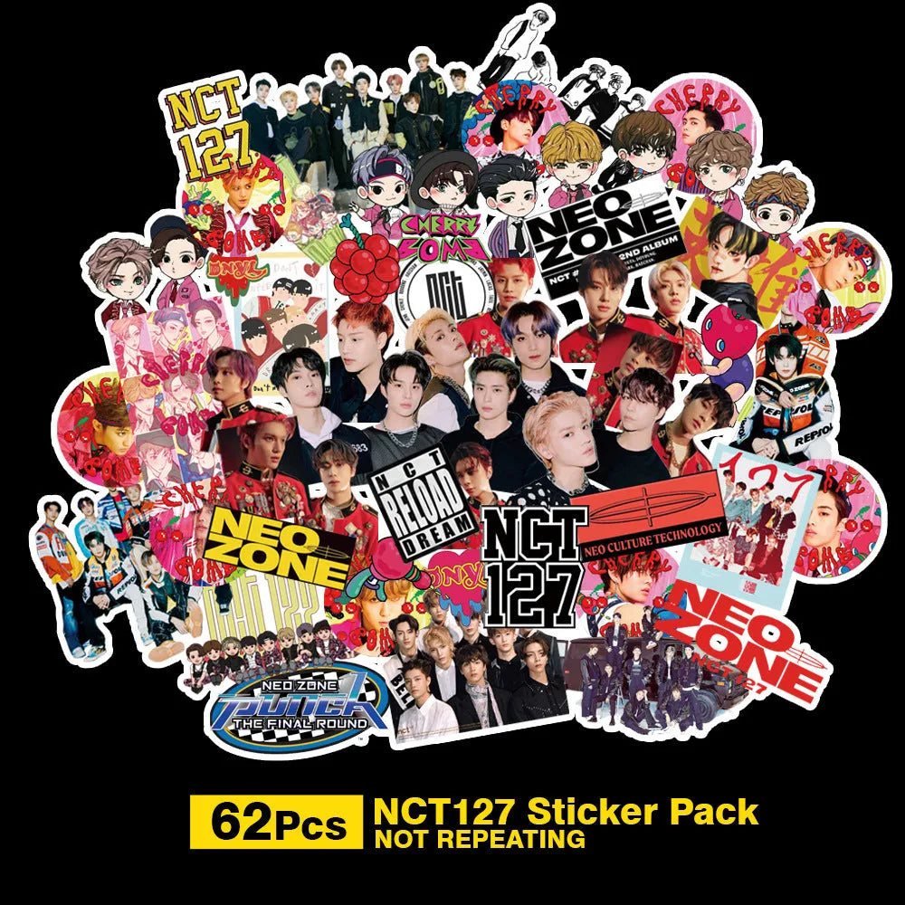 Star-shaped decorative stickers with K-pop band names Exo, Nct127, Stray Kids, Twice, Got7, Seventeen, Txt.