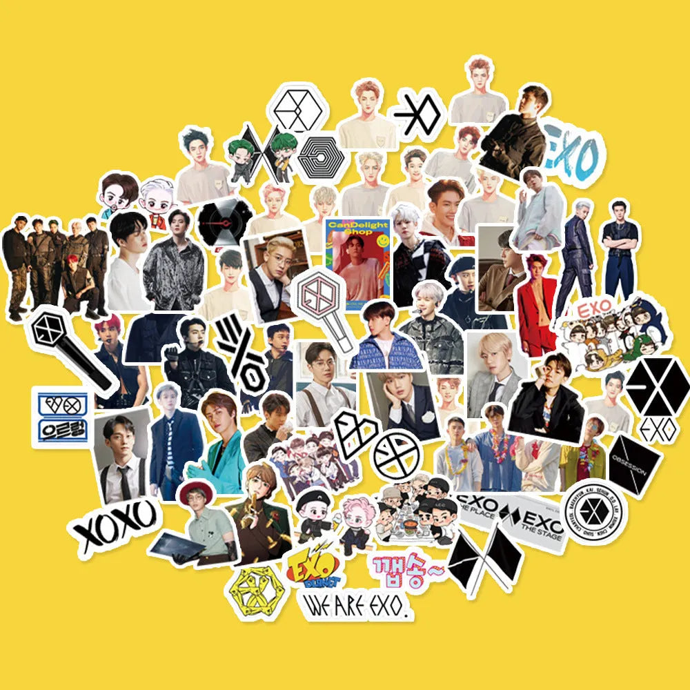 Star-shaped decorative stickers with K-pop band names Exo, Nct127, Stray Kids, Twice, Got7, Seventeen, Txt.