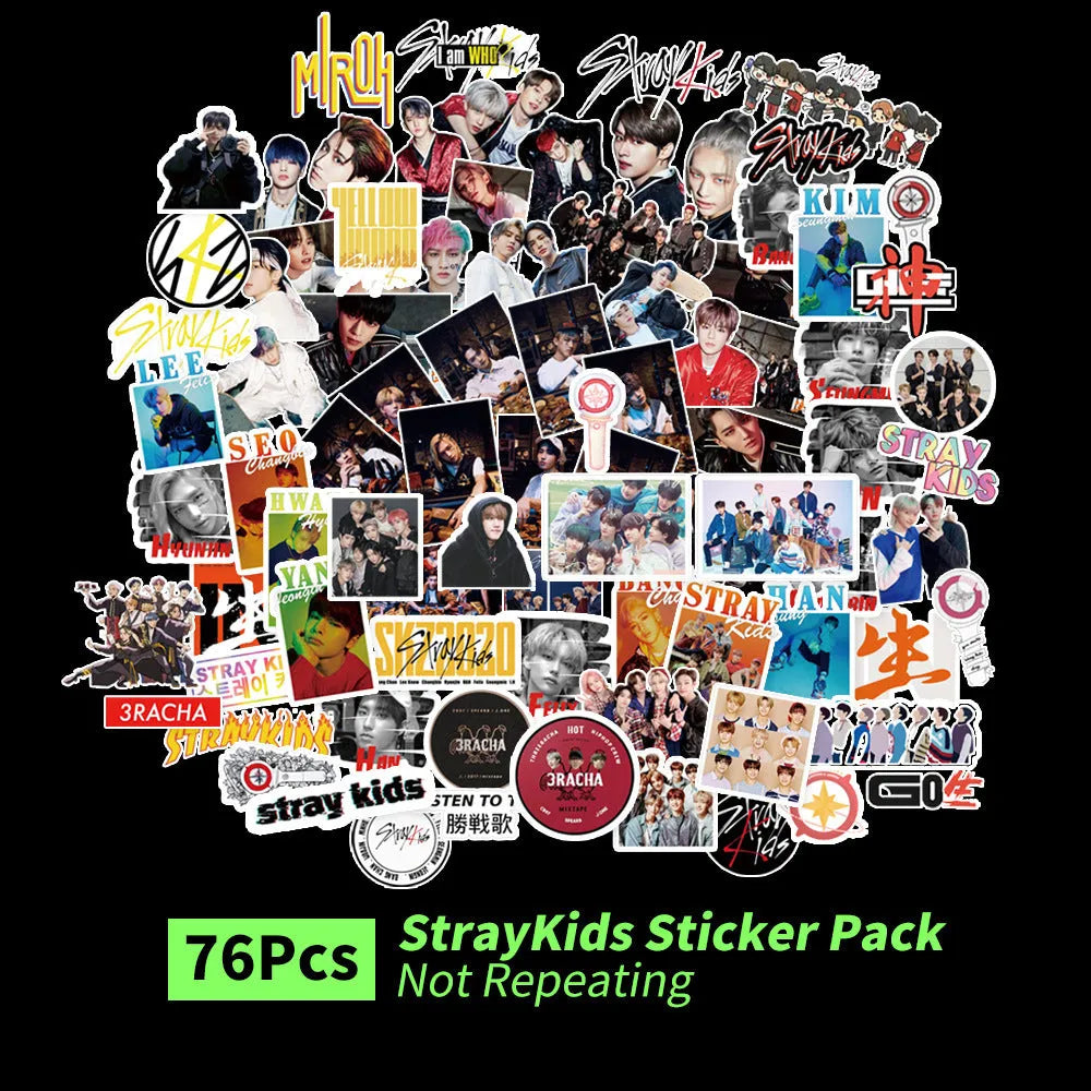 Star-shaped decorative stickers with K-pop band names Exo, Nct127, Stray Kids, Twice, Got7, Seventeen, Txt.