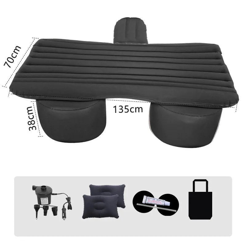 Inflatable car rear seat mattress with composite flocking breathable surface and vehicle-mounted charging pump, black option