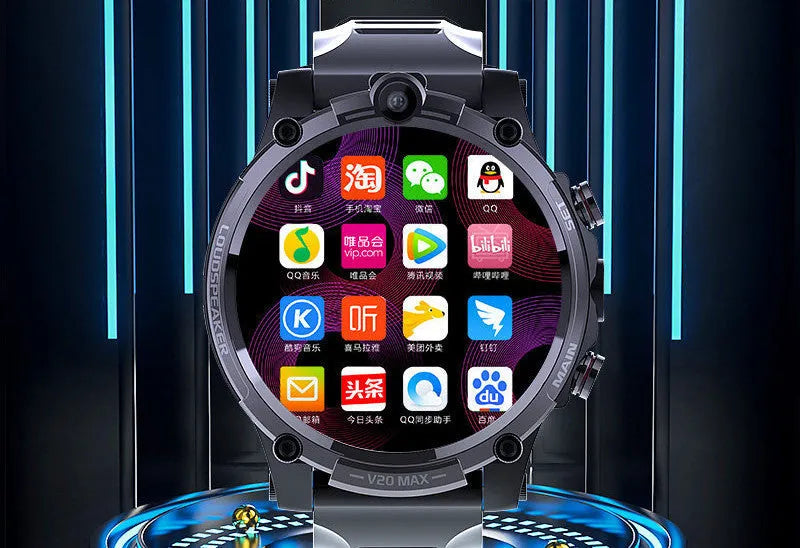 Black smart watch with 1.6 inch screen showing heart rate monitoring display and dual camera lenses visible on watch case