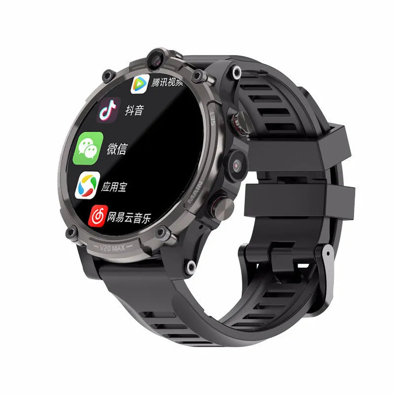 Black smart watch with 1.6 inch screen showing heart rate monitoring display and dual camera lenses visible on watch case