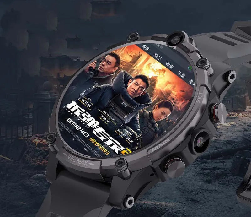 Black smart watch with 1.6 inch screen showing heart rate monitoring display and dual camera lenses visible on watch case