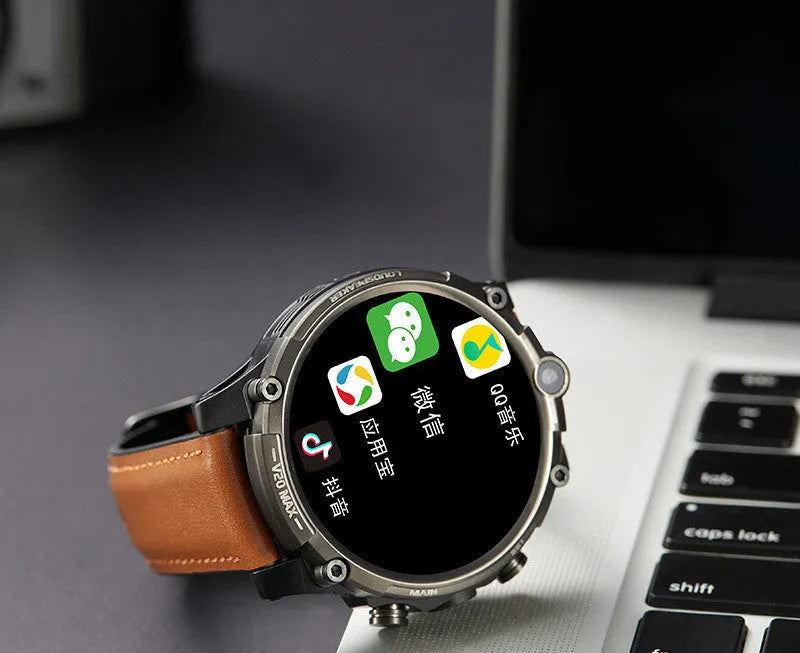 Black smart watch with 1.6 inch screen showing heart rate monitoring display and dual camera lenses visible on watch case