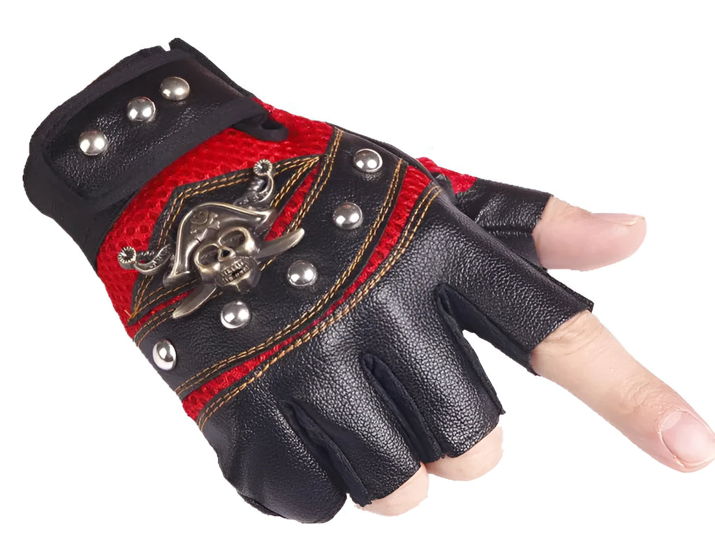 Half finger cycling gloves in red, blue, and black with imitation leather and non-slip palm, free size for men and women.