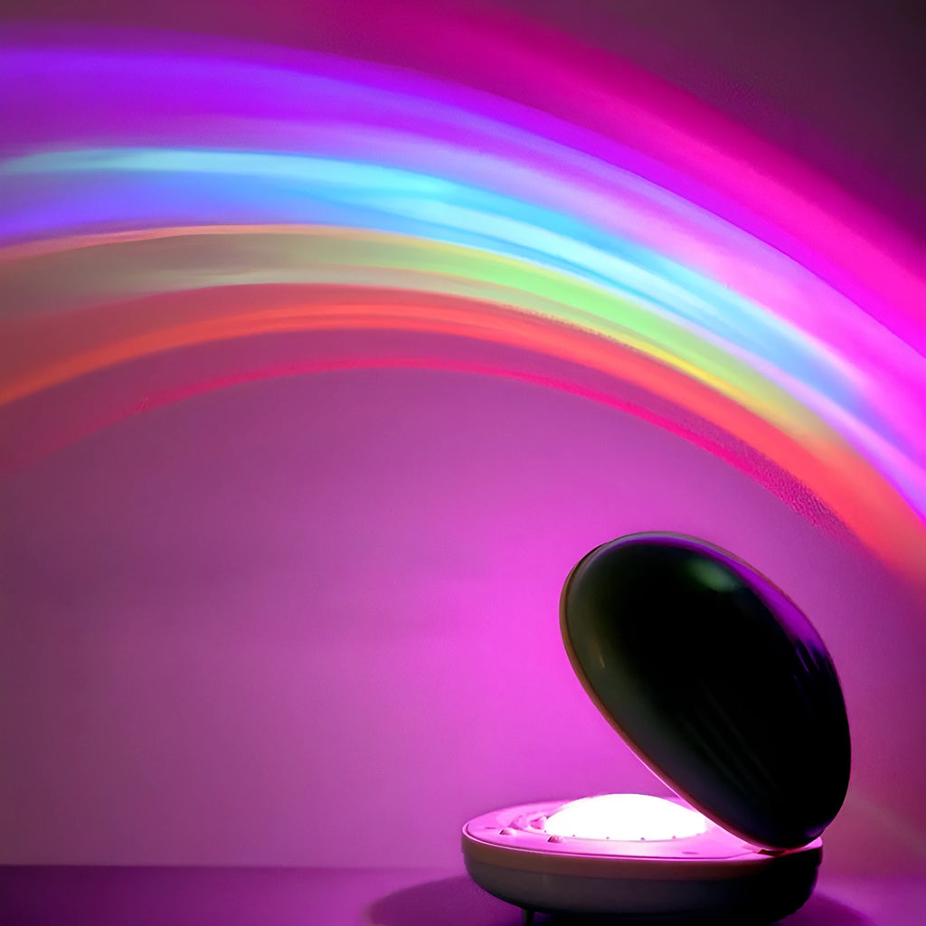 Egg-shaped white rainbow projection lamp with three lighting modes, 14x10x6cm, on a table