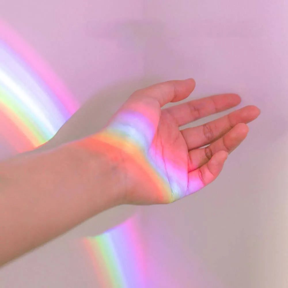 Egg-shaped white rainbow projection lamp with three lighting modes, 14x10x6cm, on a table