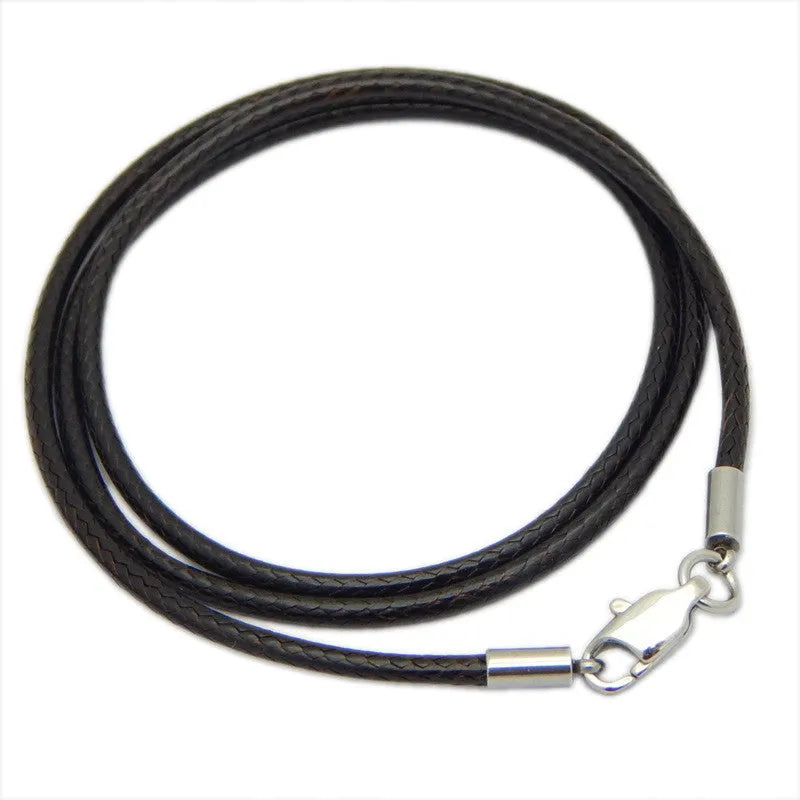 Black wax rope necklace strap with a polished stainless steel buckle, shown alongside red and brown colour options.