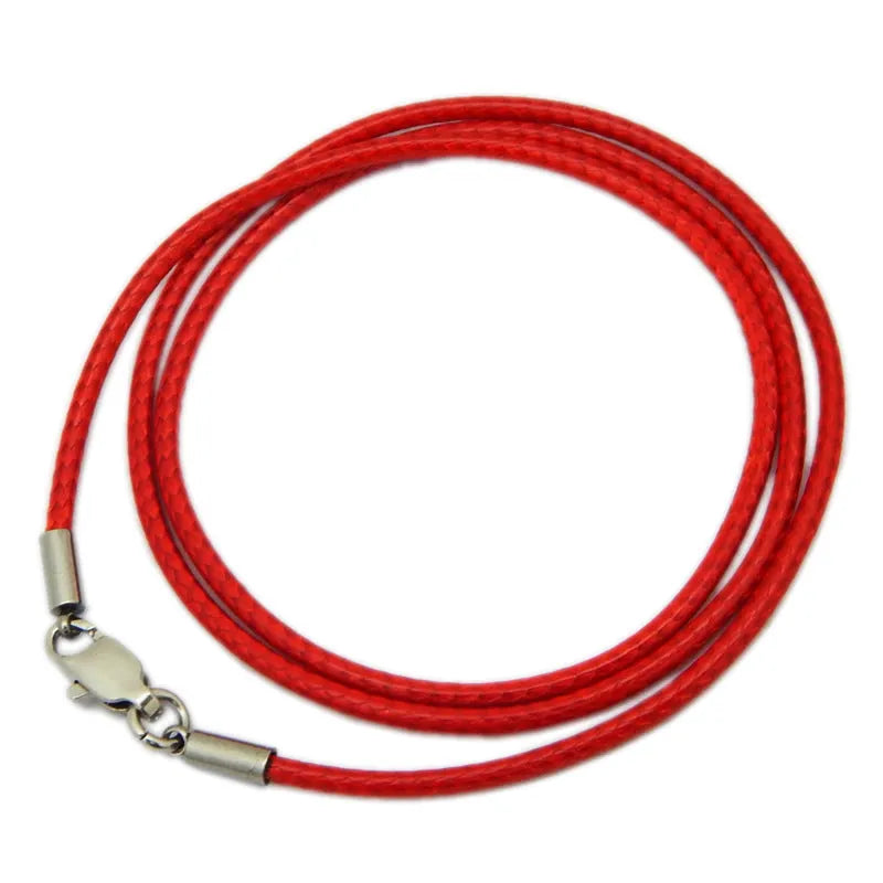 Black wax rope necklace strap with a polished stainless steel buckle, shown alongside red and brown colour options.