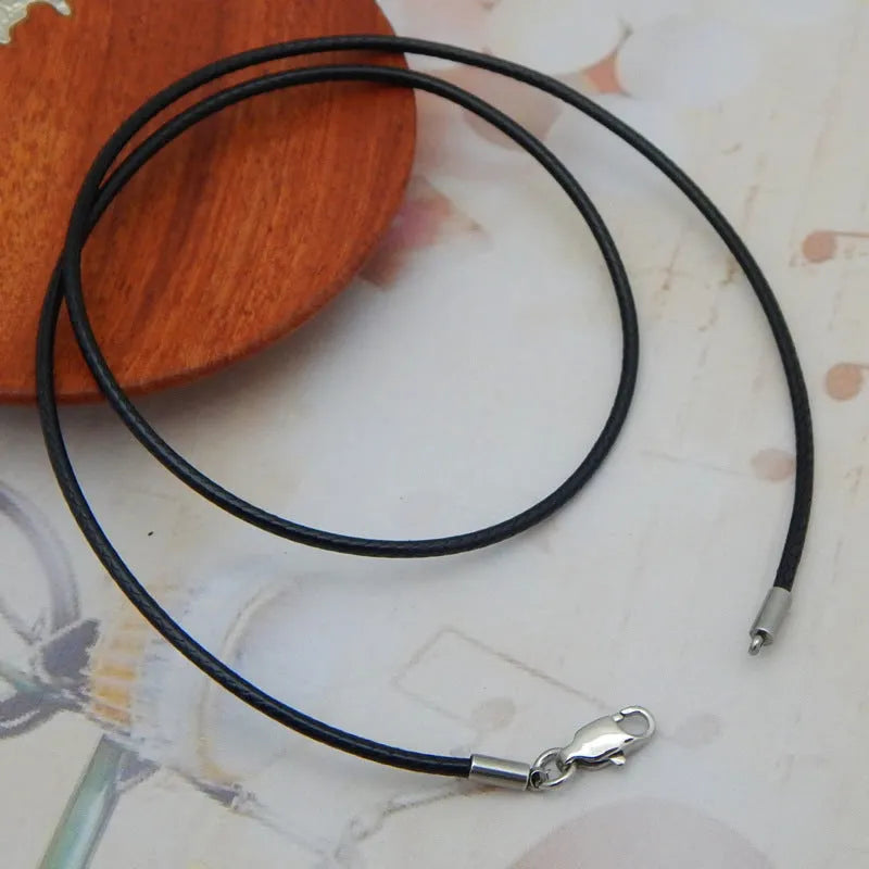 Black wax rope necklace strap with a polished stainless steel buckle, shown alongside red and brown colour options.