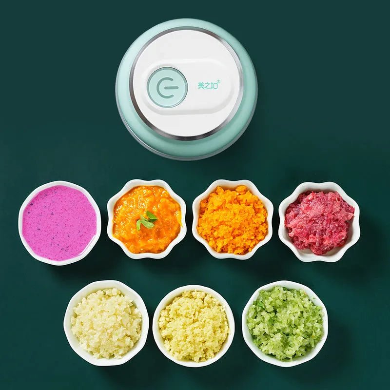 Portable USB electric food chopper with transparent cup and stainless steel blade.