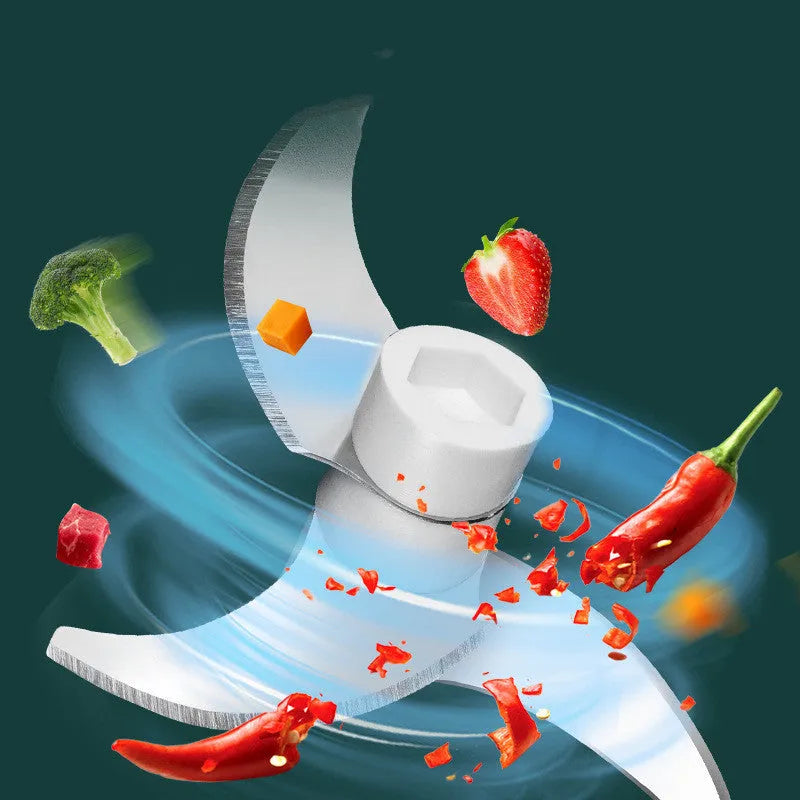Portable USB electric food chopper with transparent cup and stainless steel blade.