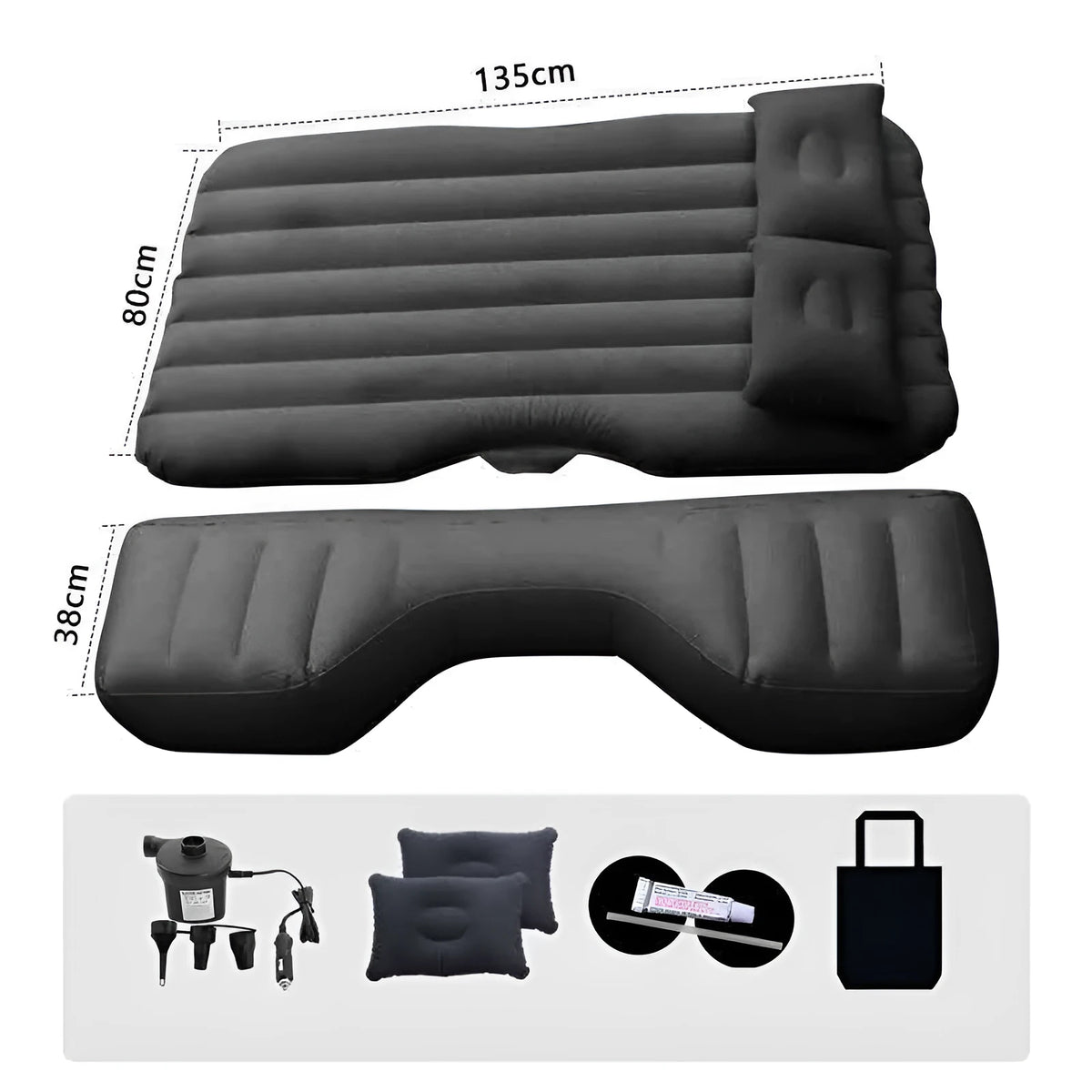 Inflatable car rear seat mattress with composite flocking breathable surface and vehicle-mounted charging pump, black option