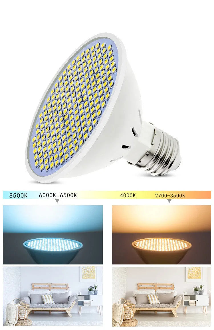 E27 screw base LED lamp cup bulb showing warm white and cool white light options.