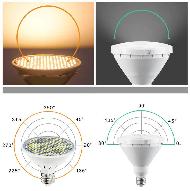 E27 screw base LED lamp cup bulb showing warm white and cool white light options.