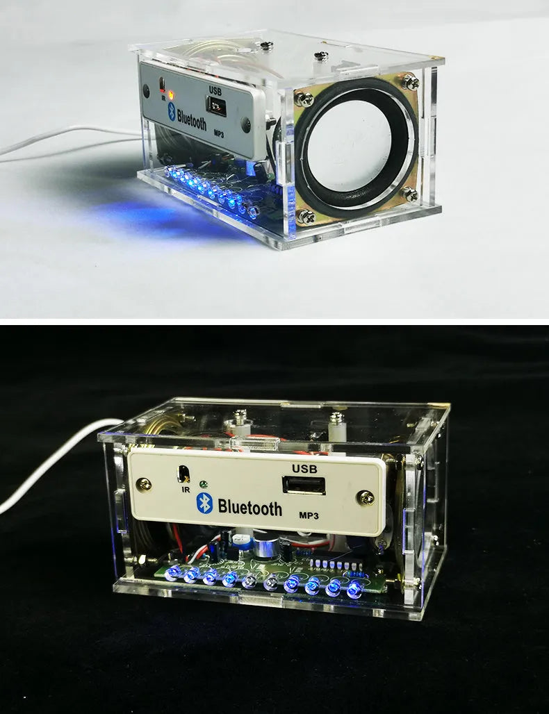 Bluetooth speaker DIY kit with electronic components and transparent shell for assembly projects