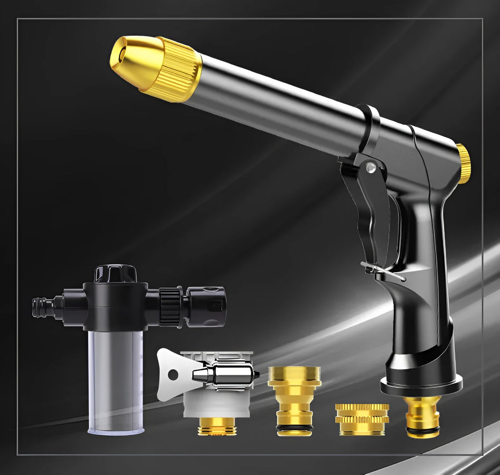 Metal telescopic garden hose with multi-spray water gun and foam pot attachment