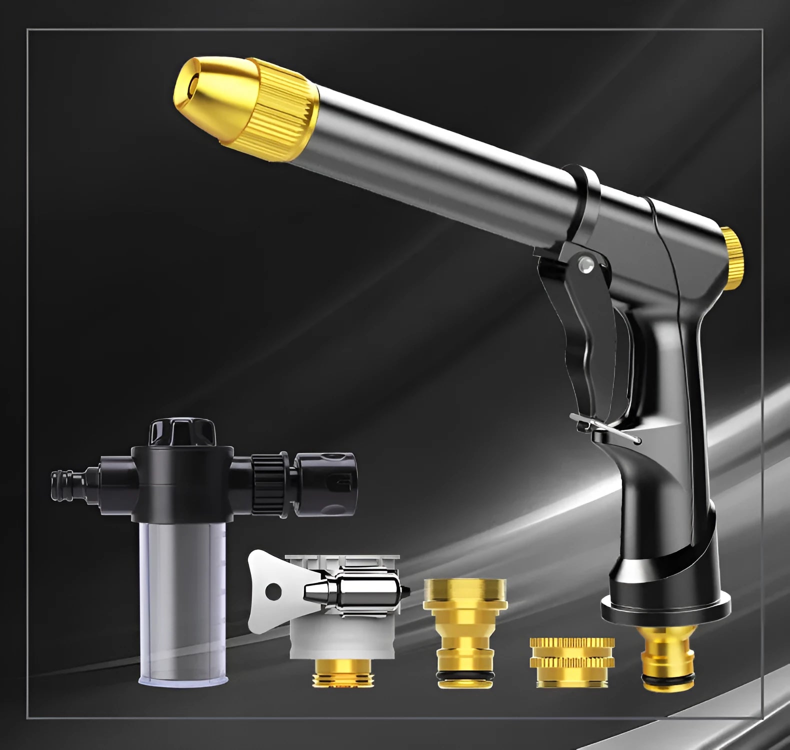 Metal telescopic garden hose with multi-spray water gun and foam pot attachment