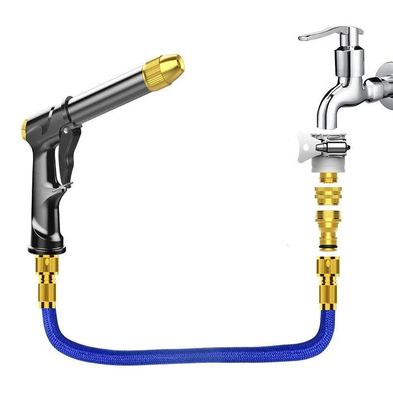 Metal telescopic garden hose with multi-spray water gun and foam pot attachment