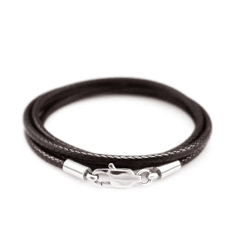 Black wax rope necklace strap with a polished stainless steel buckle, shown alongside red and brown colour options.