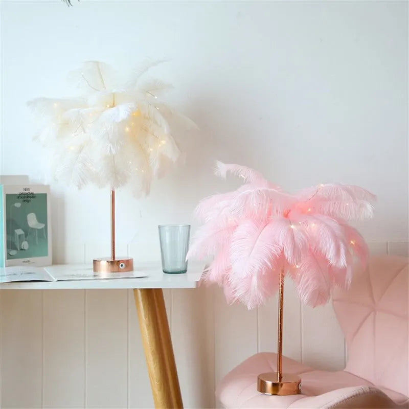 Remote control feather table lamp with warm white light, iron shell, pink feather style on bedside table