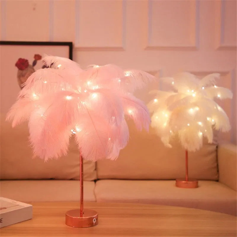 Remote control feather table lamp with warm white light, iron shell, pink feather style on bedside table