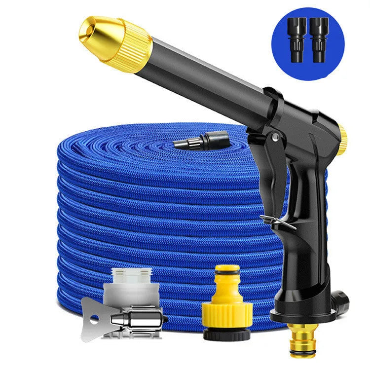 Metal telescopic garden hose with multi-spray water gun and foam pot attachment