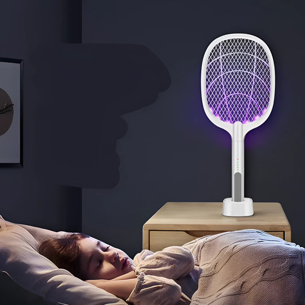 Rechargeable electric mosquito swatter with metal grid, USB charging cable, and charger base.