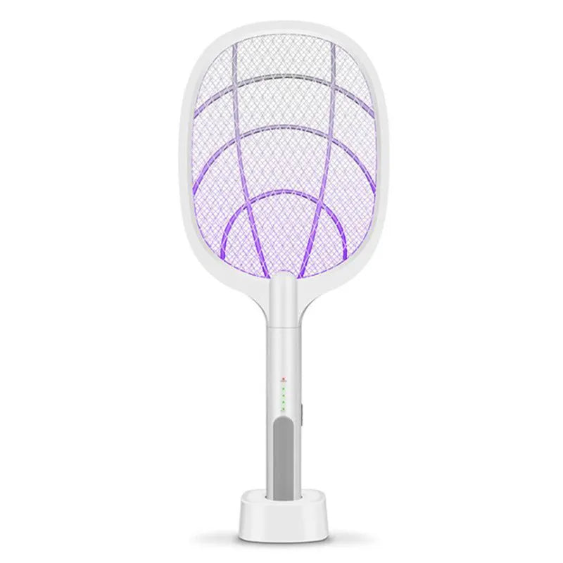 Rechargeable electric mosquito swatter with metal grid, USB charging cable, and charger base.