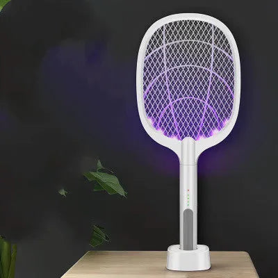 Rechargeable electric mosquito swatter with metal grid, USB charging cable, and charger base.