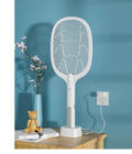 Rechargeable electric mosquito swatter with metal grid, USB charging cable, and charger base.