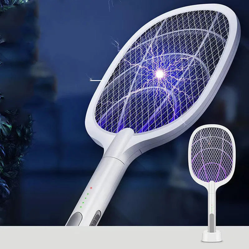 Rechargeable electric mosquito swatter with metal grid, USB charging cable, and charger base.